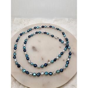 BLUE TWO TONE LUSTER GENUINE Pearl HONORA NECKLACE 925 STERLING SILVER